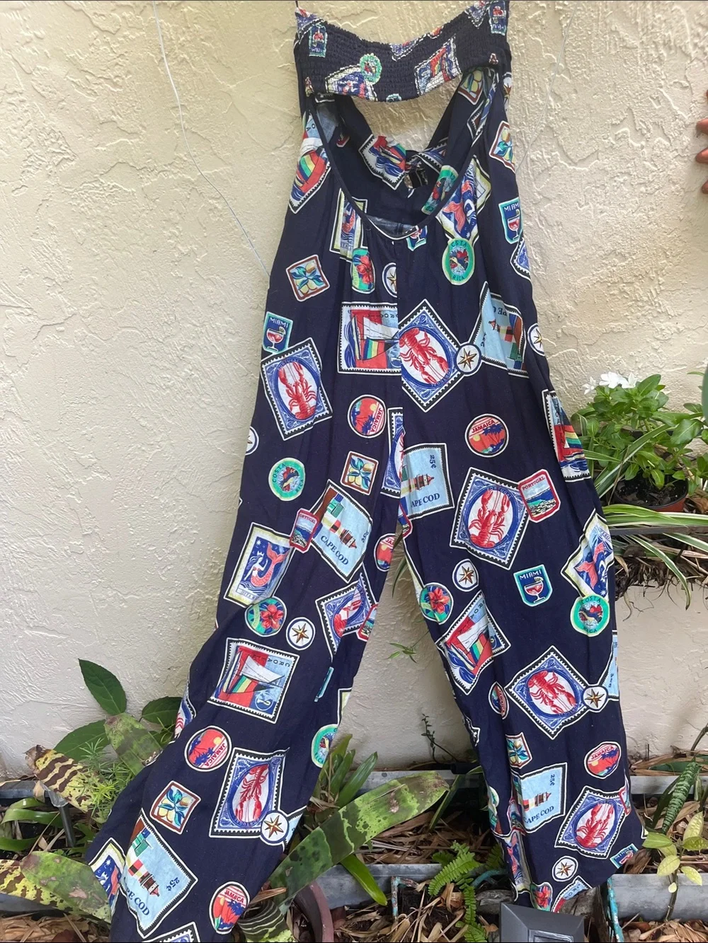 Anthropologie Navy Multicolor Travel-Stamp Wide-Leg Jumpsuit